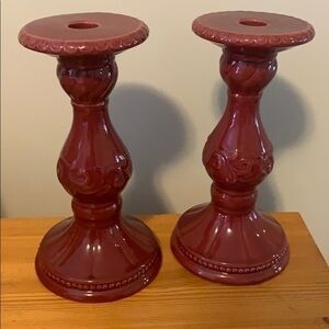 Two beautiful maroon handmade candlestick holders